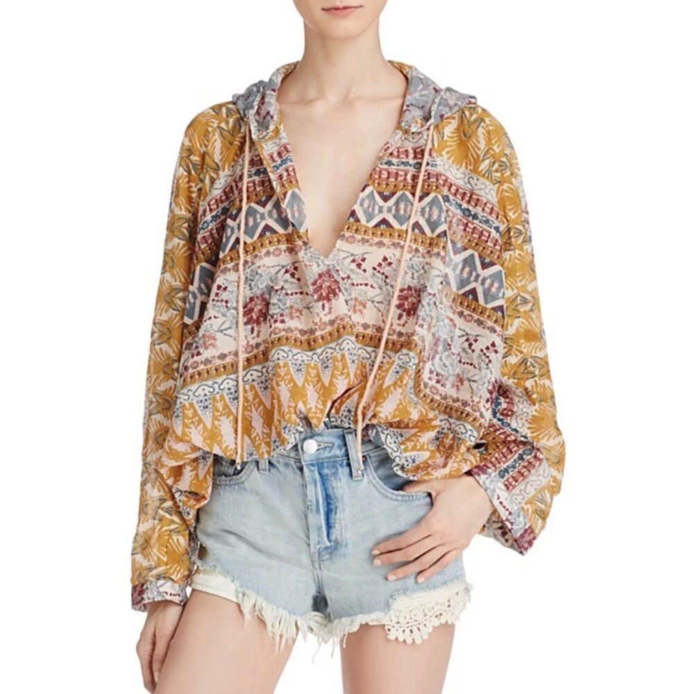 Free People Hold On Tight Gauze Pullover Top Hooded Floral Paisley XS Small